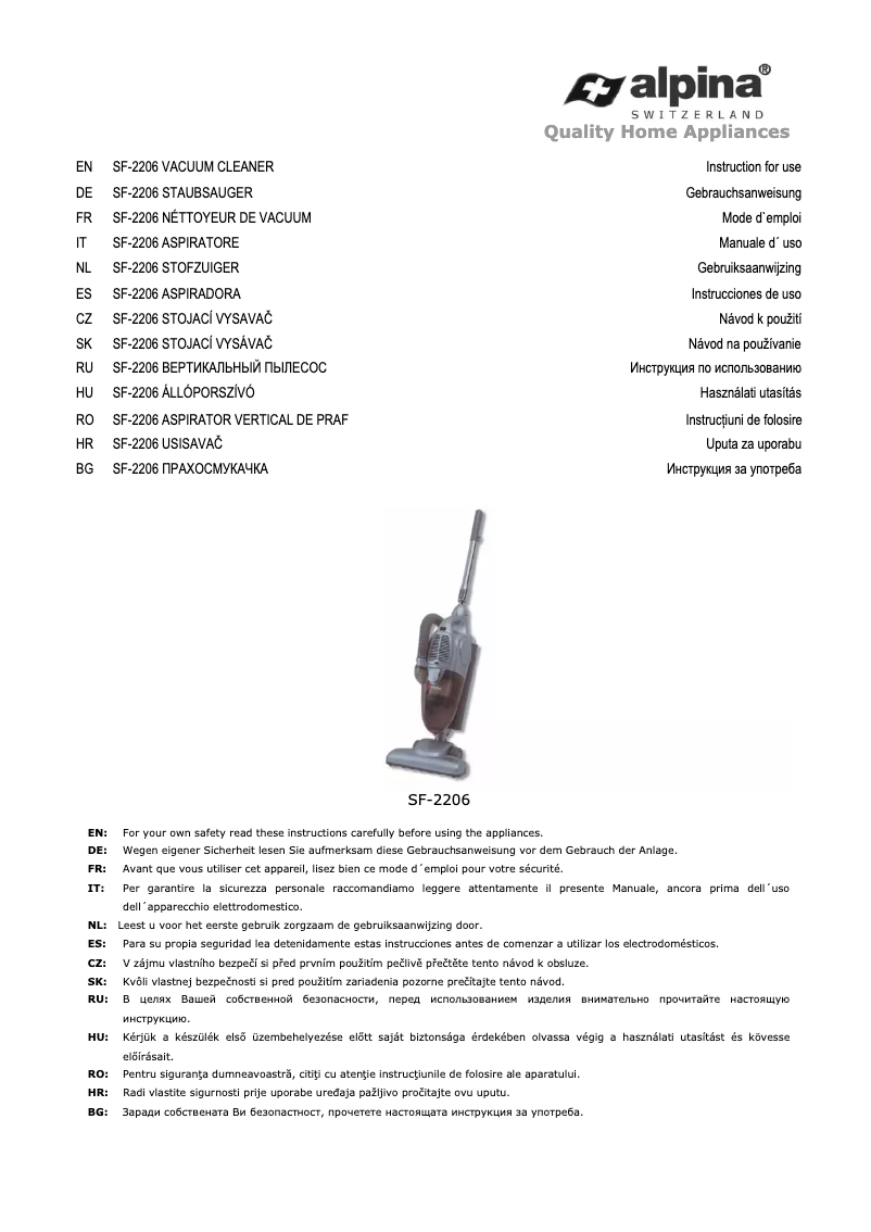 Page n°1 - Manuel utilisateur Alpina SF 2206