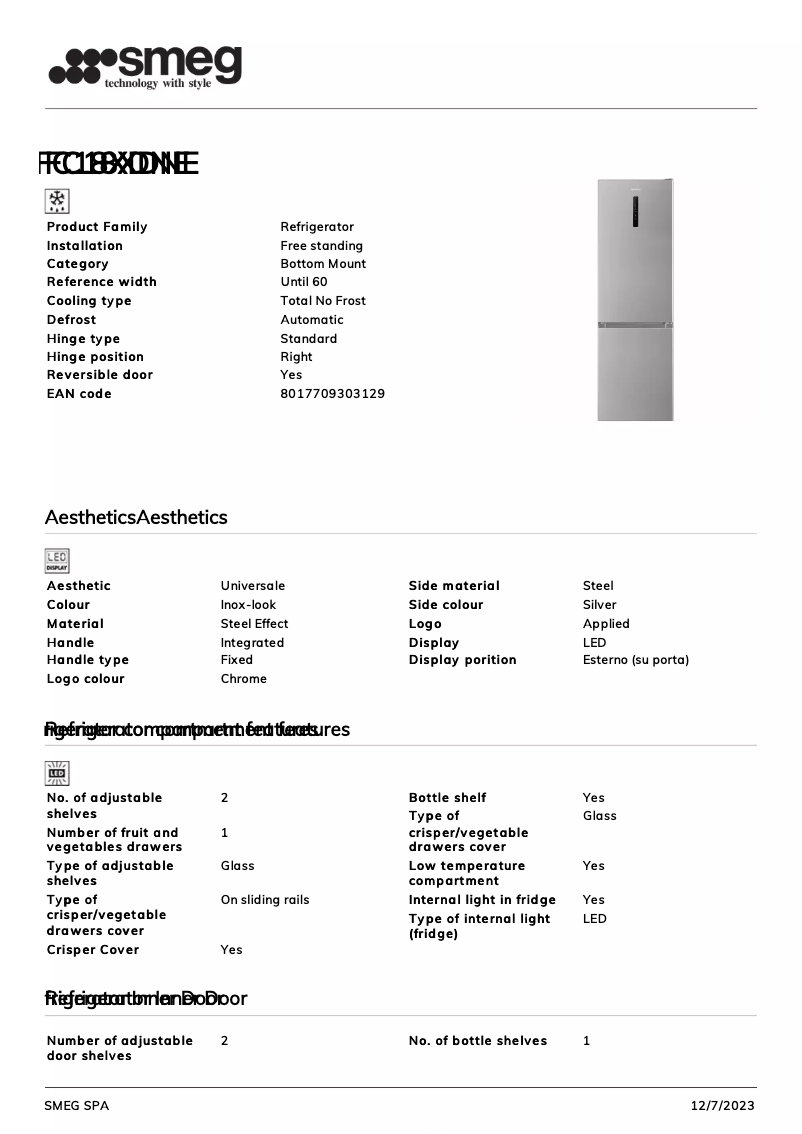 Page n°1 - Fiche technique Smeg FC18XDNE