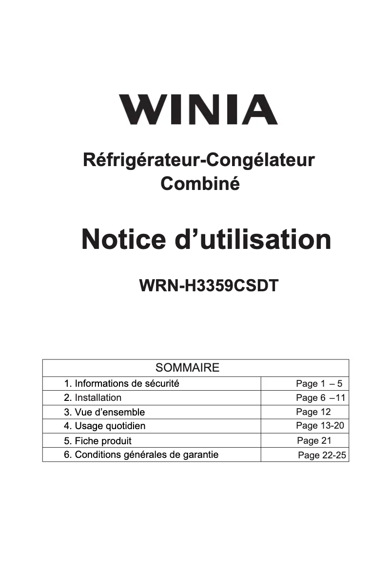 Page n°1 - Manuel utilisateur Winia WRN-H3359CS