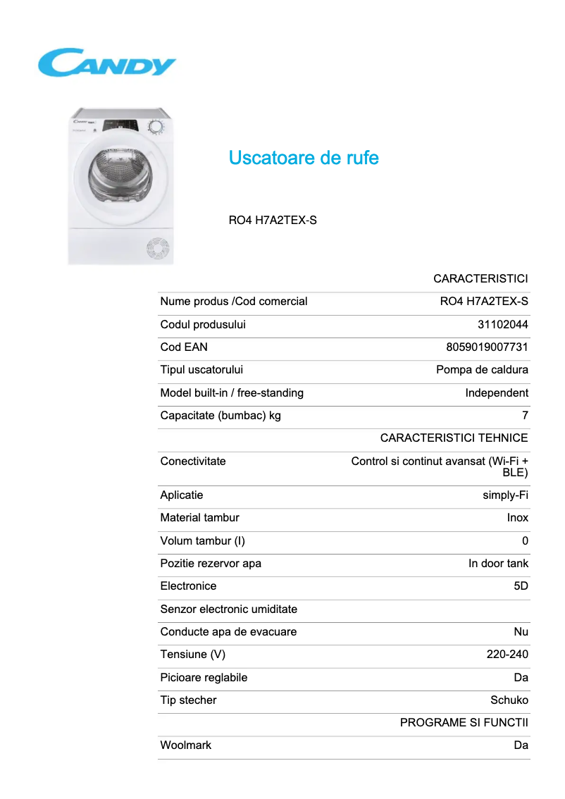 Page 1 de la notice Fiche technique Candy RO4 H7A2TEX-S