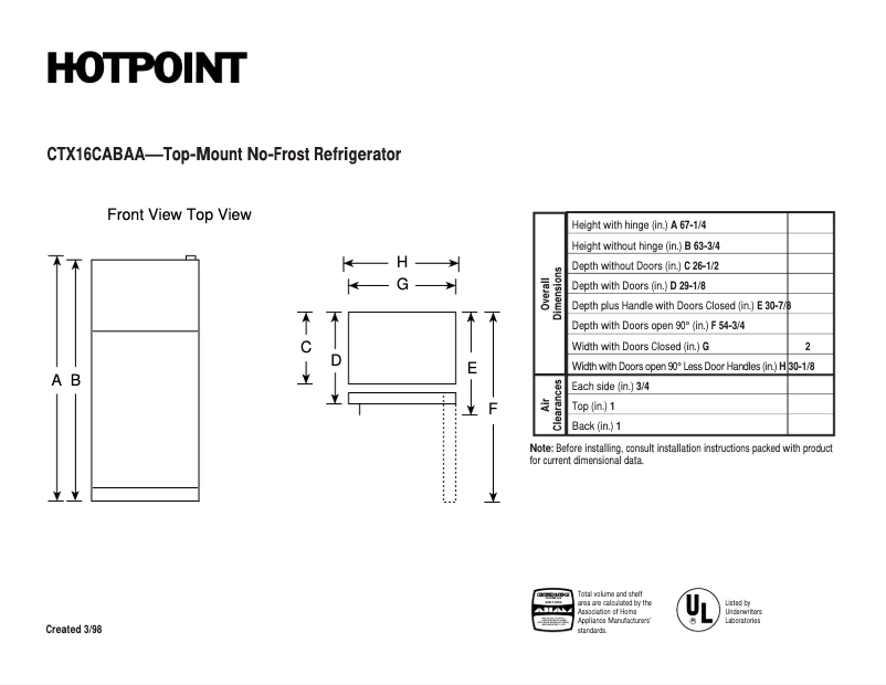 Page n°1 - Fiche technique Hotpoint CTX16CABRAA