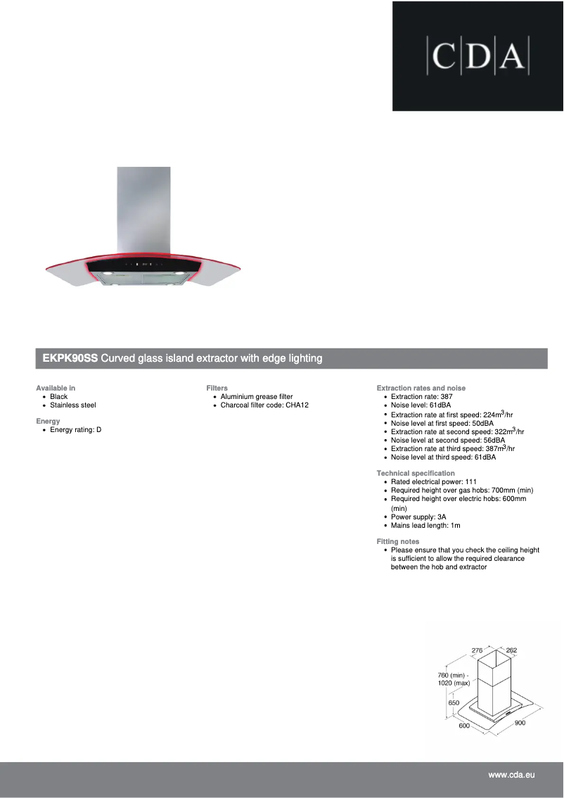 Page 1 de la notice Fiche technique CDA EKPK90SS