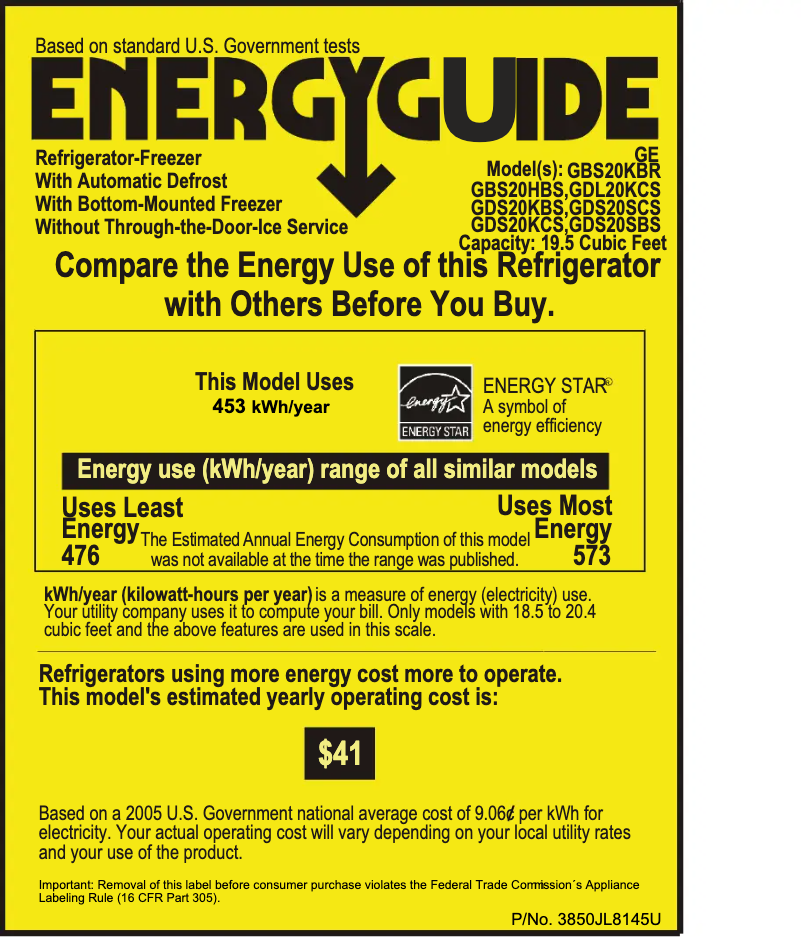 Page 1 de la notice Label énergétique GE GDL20KCSBS
