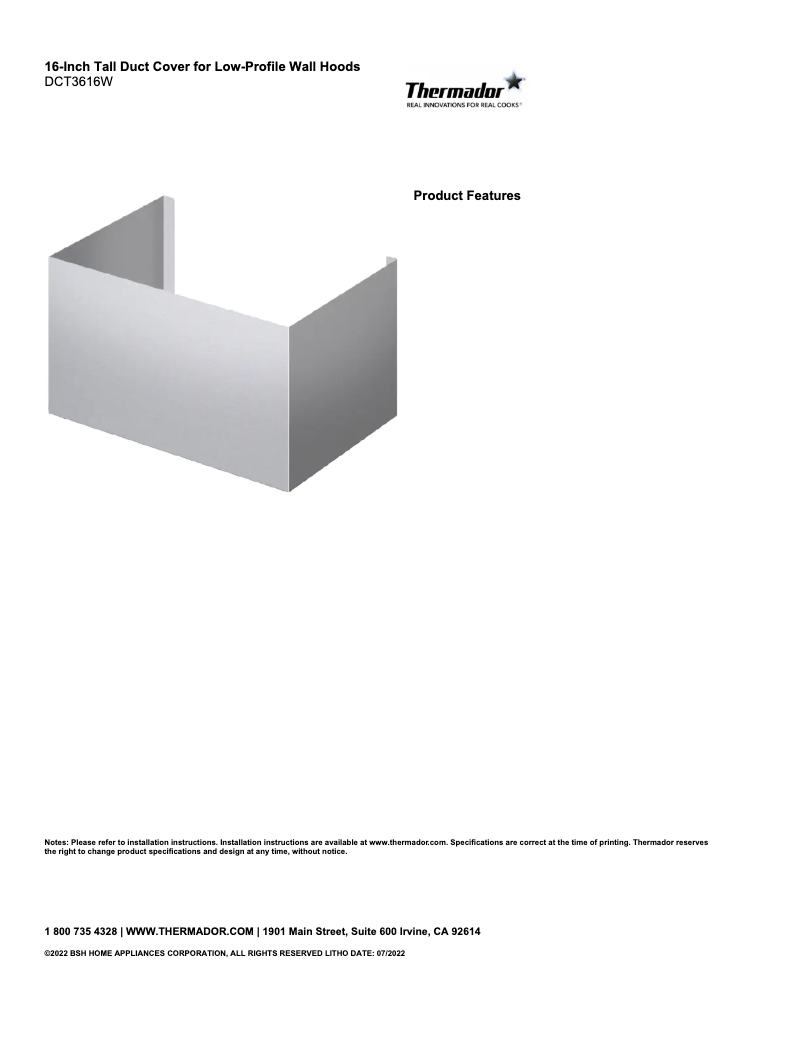 Page 1 de la notice Fiche technique Thermador DCT3616W