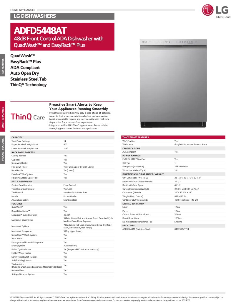 Página 1 del manual Ficha técnica LG ADFD5448AT
