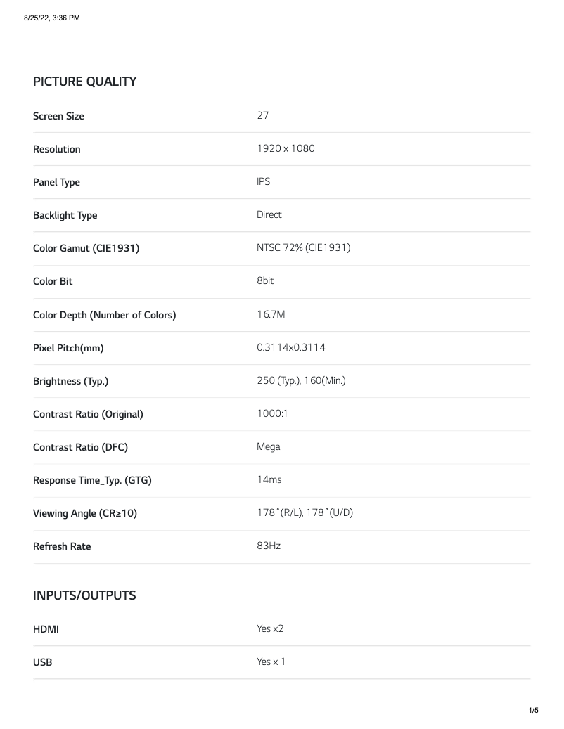 Page n°1 - Fiche technique LG 27LQ615S
