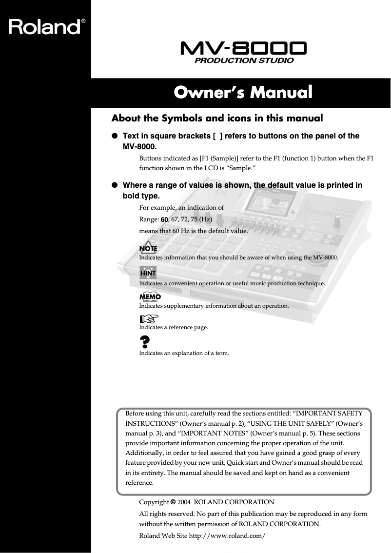 Page 1 de la notice Manuel utilisateur Roland MV-8000
