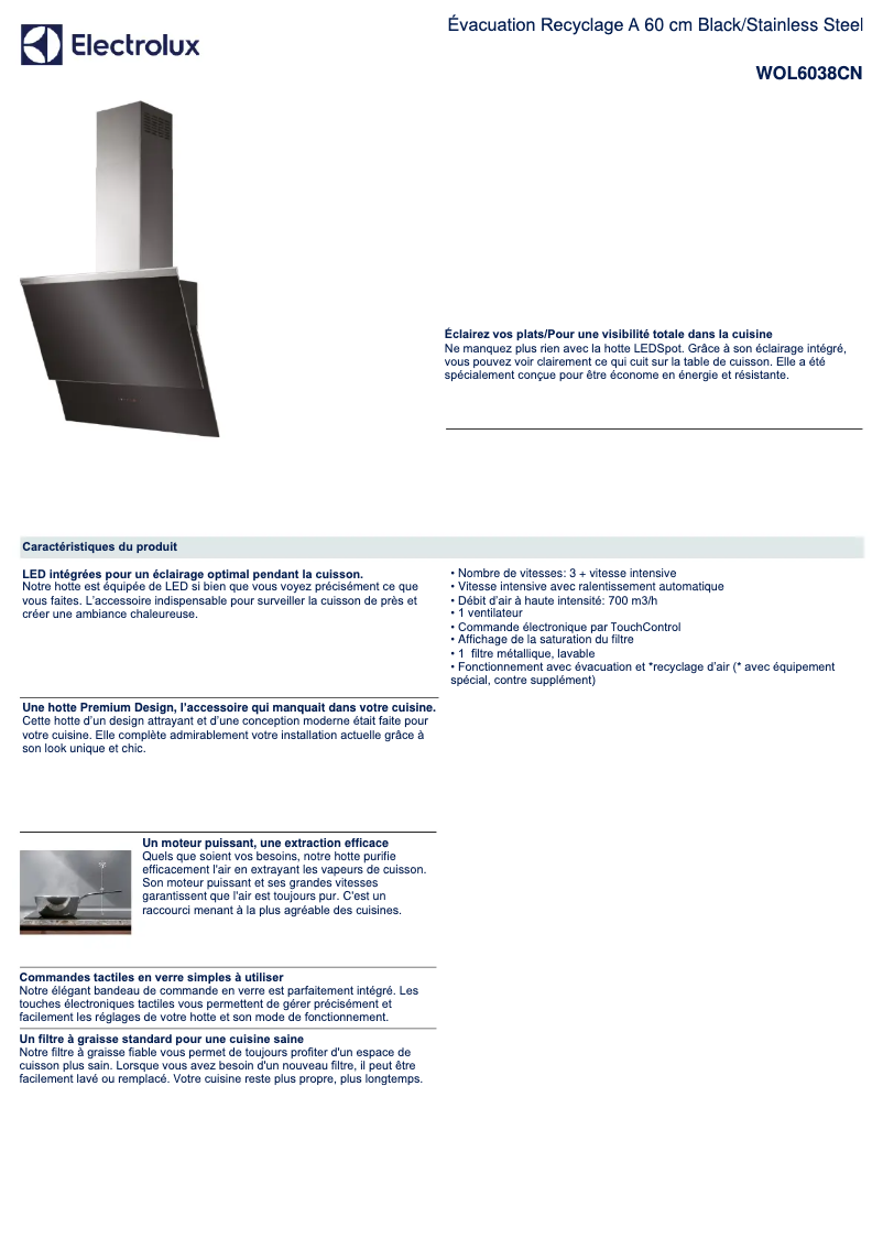 Page 1 de la notice Fiche technique Electrolux WOL6038CN