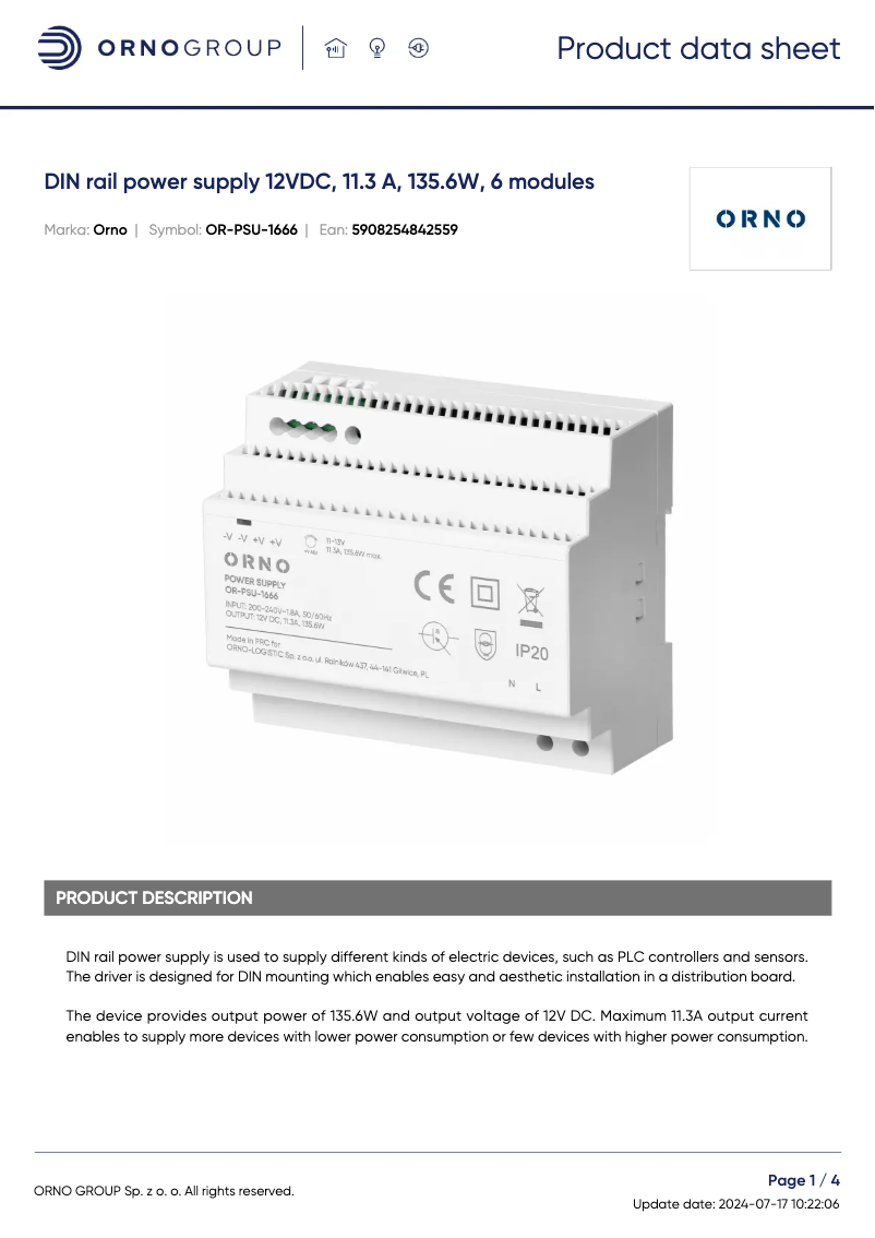 Page n°1 - Fiche technique ORNO OR-PSU-1666