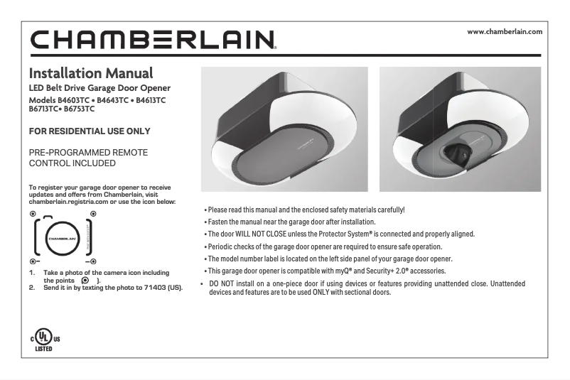 Page n°1 - Manuel utilisateur Chamberlain B6713TC