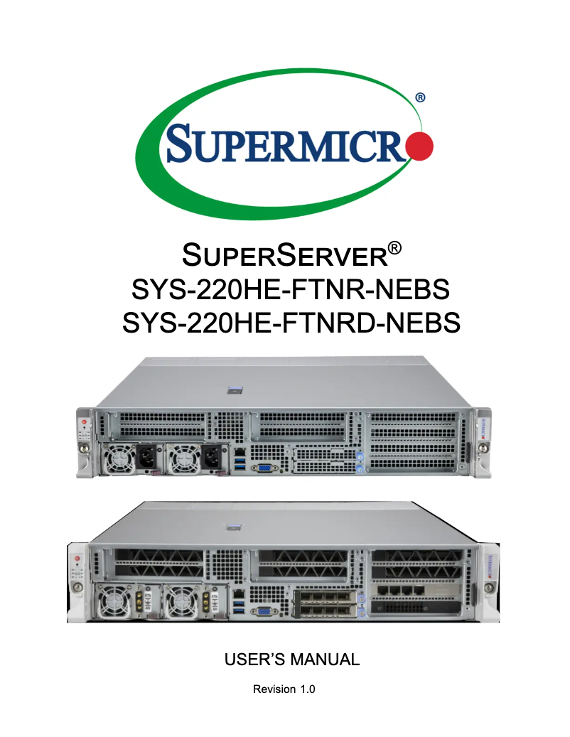 Image de la première page du manuel de l'appareil SuperServer SYS-220HE-FTNRD-NEBS