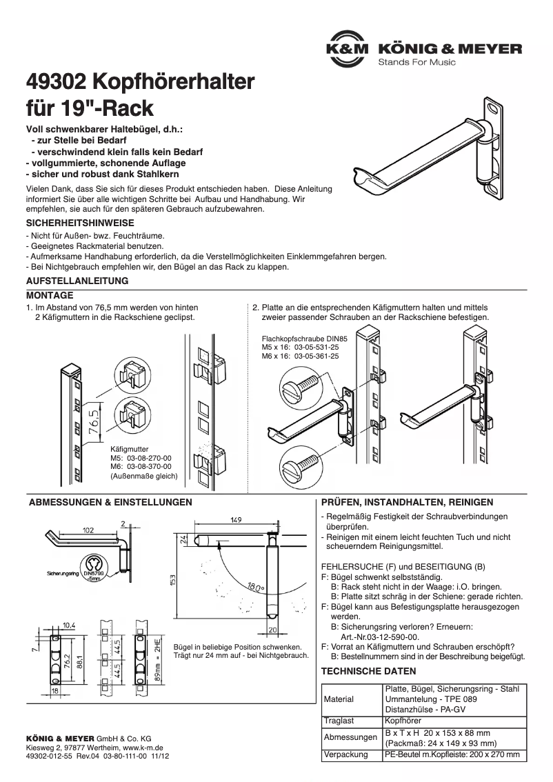 Page n°1 - Manuel utilisateur Konig & Meyer 49302