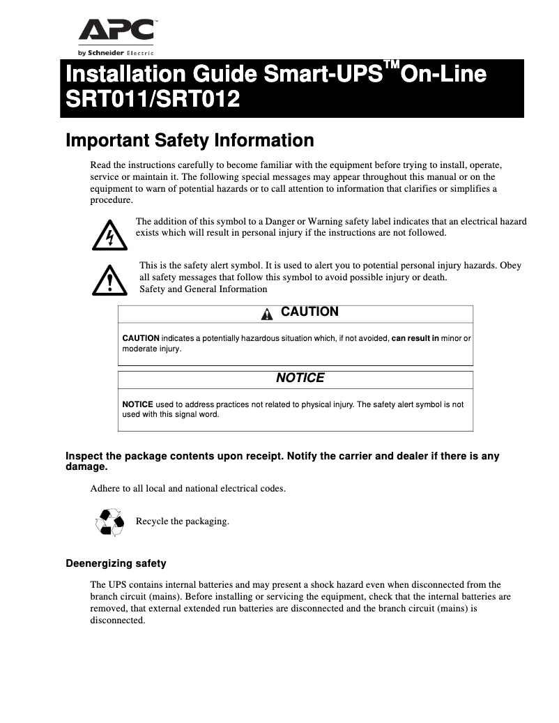 Page 1 de la notice Manuel utilisateur APC Smart-UPS SRT011