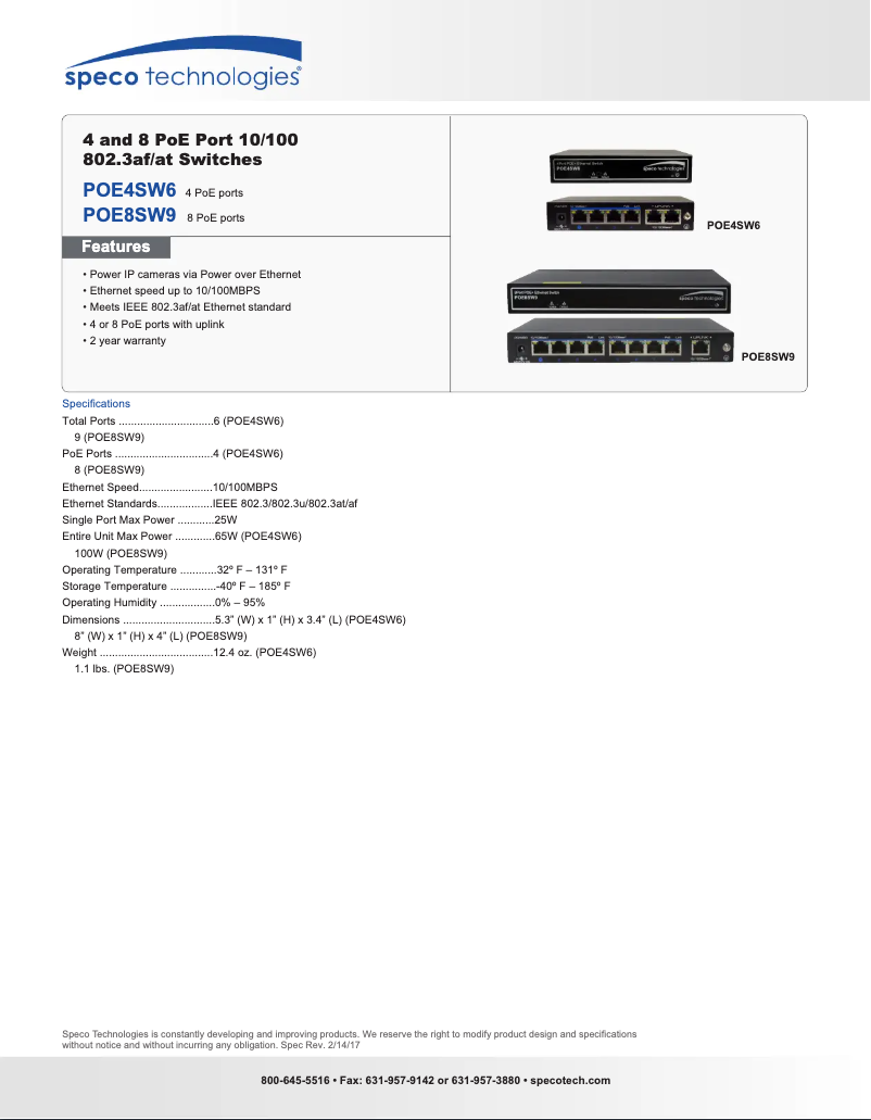 Page 1 de la notice Fiche technique Speco Technologies POE8SW9