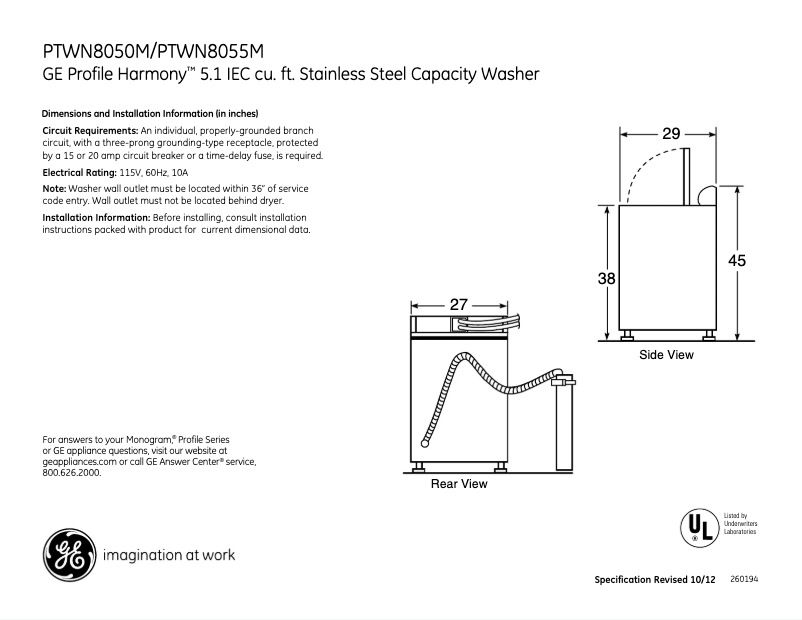 Page n°1 - Fiche technique GE Profile Harmony PTWN8055MMS