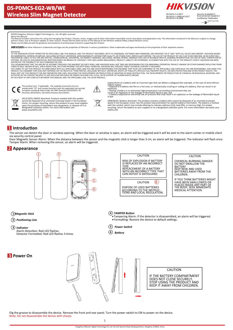 Page 1 de la notice Manuel utilisateur Hikvision DS-PDMCS-EG2-WB