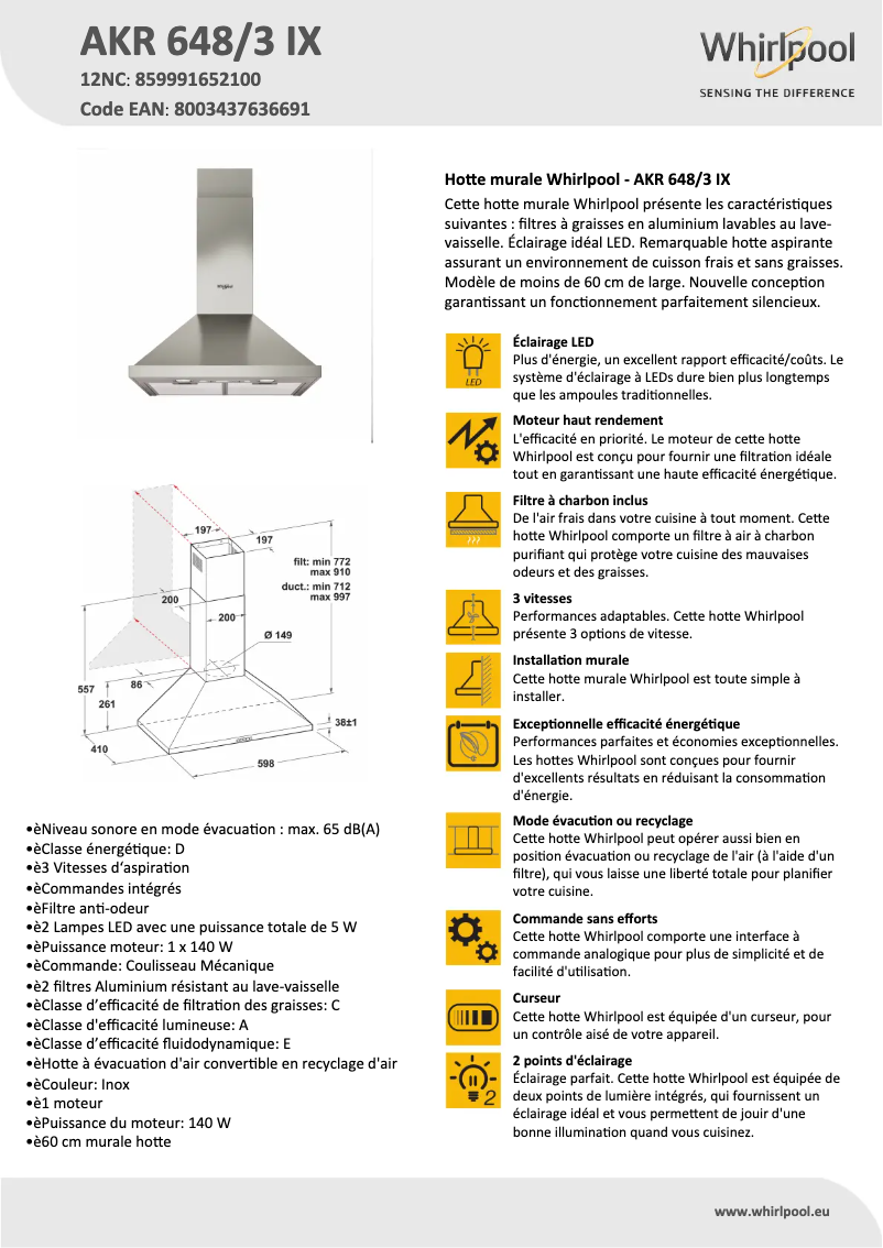 Page 1 of the manual Technical Sheet Whirlpool AKR 648/3 IX
