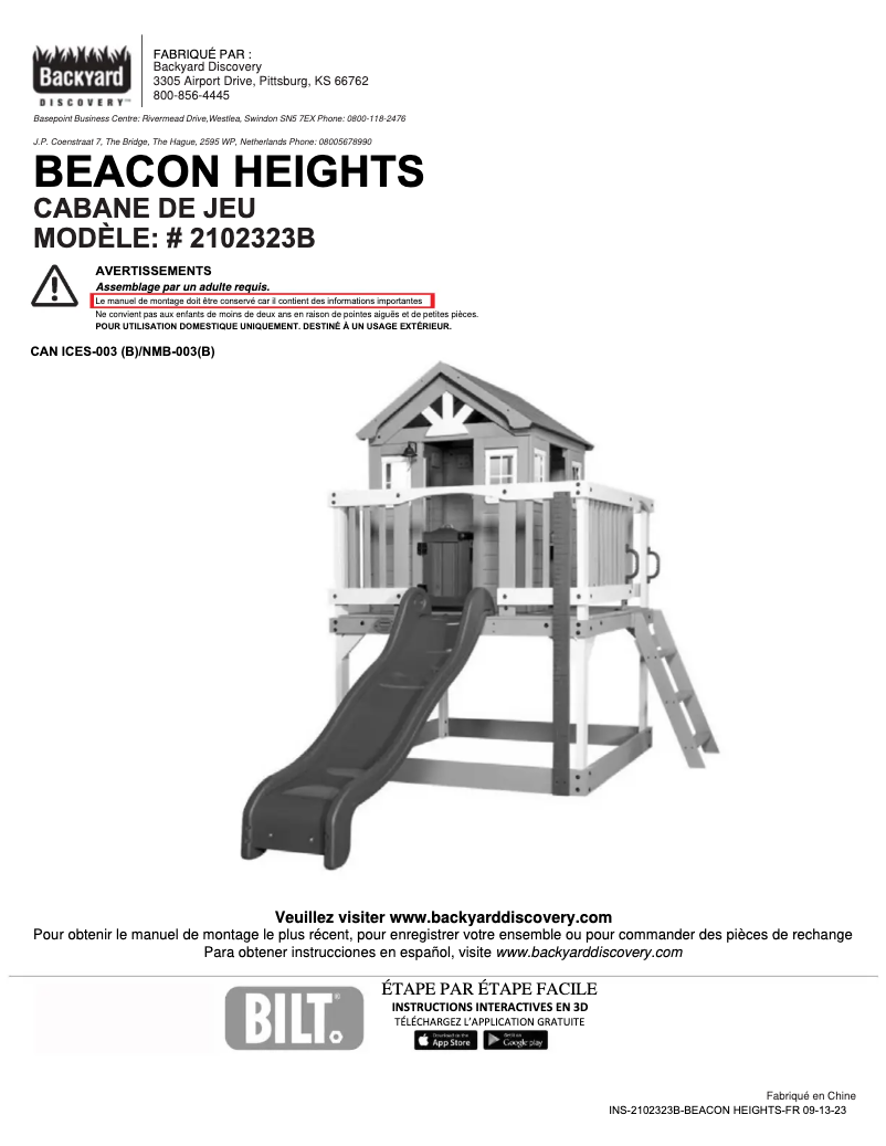 Page 1 de la notice Manuel utilisateur Backyard Discovery Beacon Heights