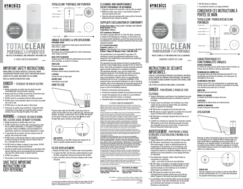 Page 1 de la notice Manuel utilisateur Homedics AP-P60