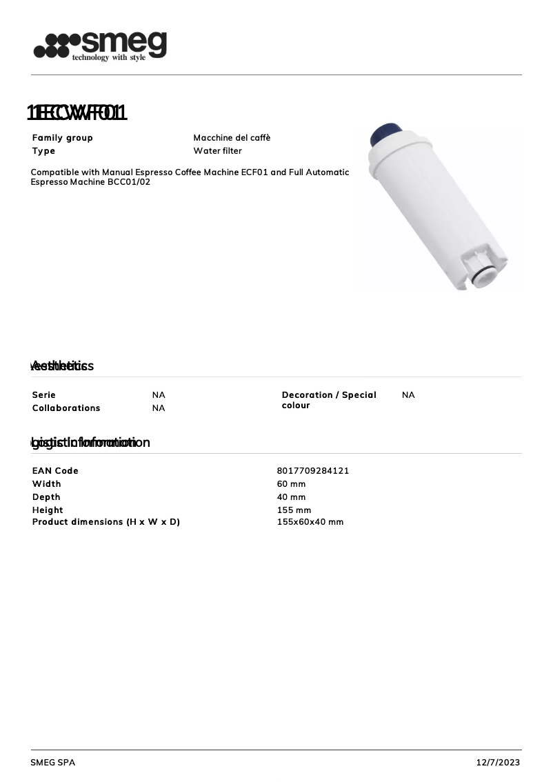 Page 1 de la notice Fiche technique Smeg 1ECWF01
