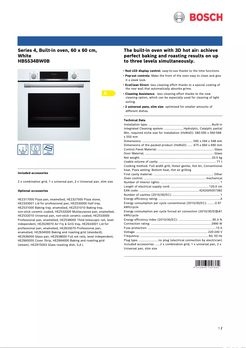 Page 1 of the manual Technical Sheet Bosch Serie 4 HBS534BW0B