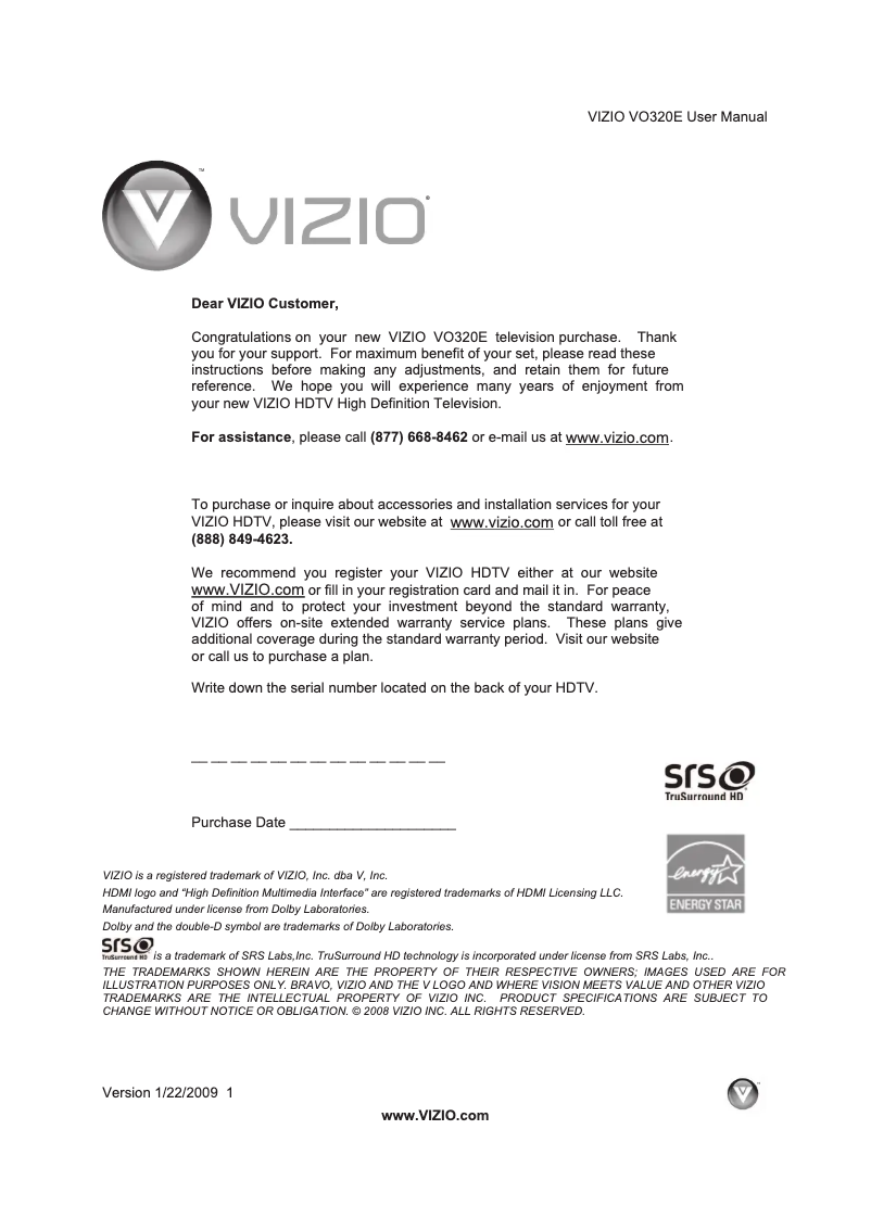 Page n°1 - Manuel utilisateur VIZIO VO320E