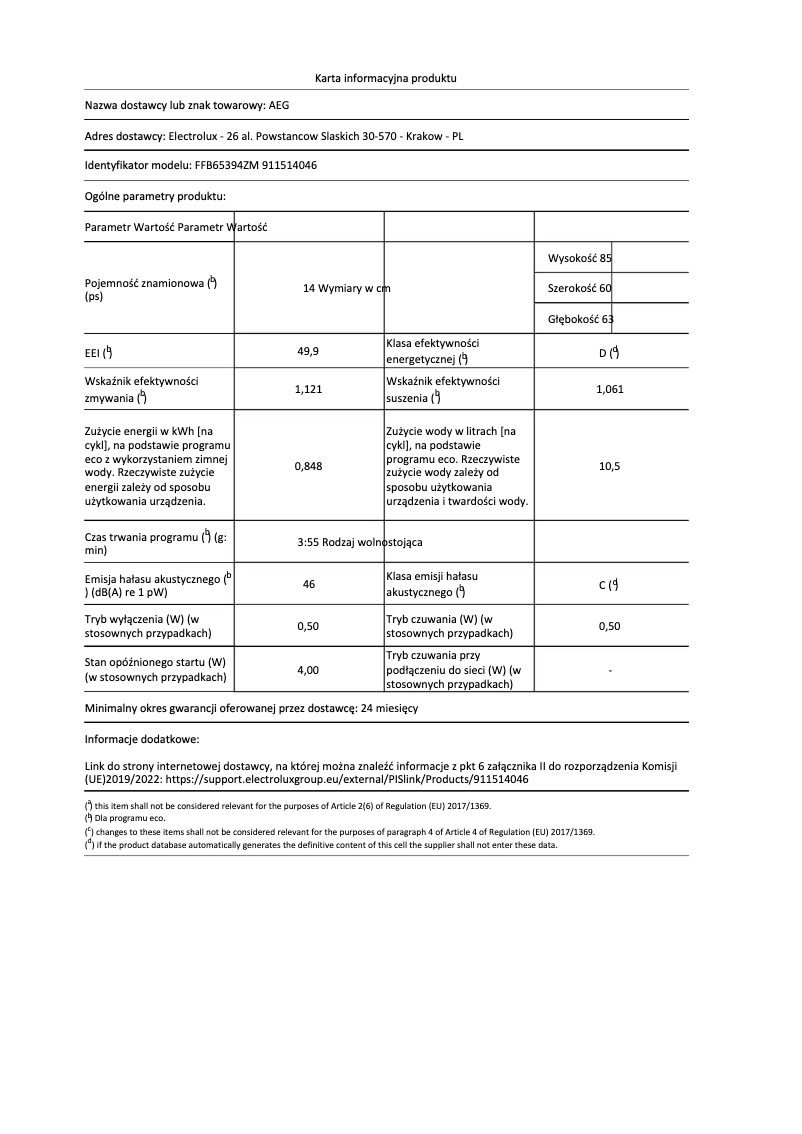 Page 1 de la notice Fiche technique AEG FFB65394ZM