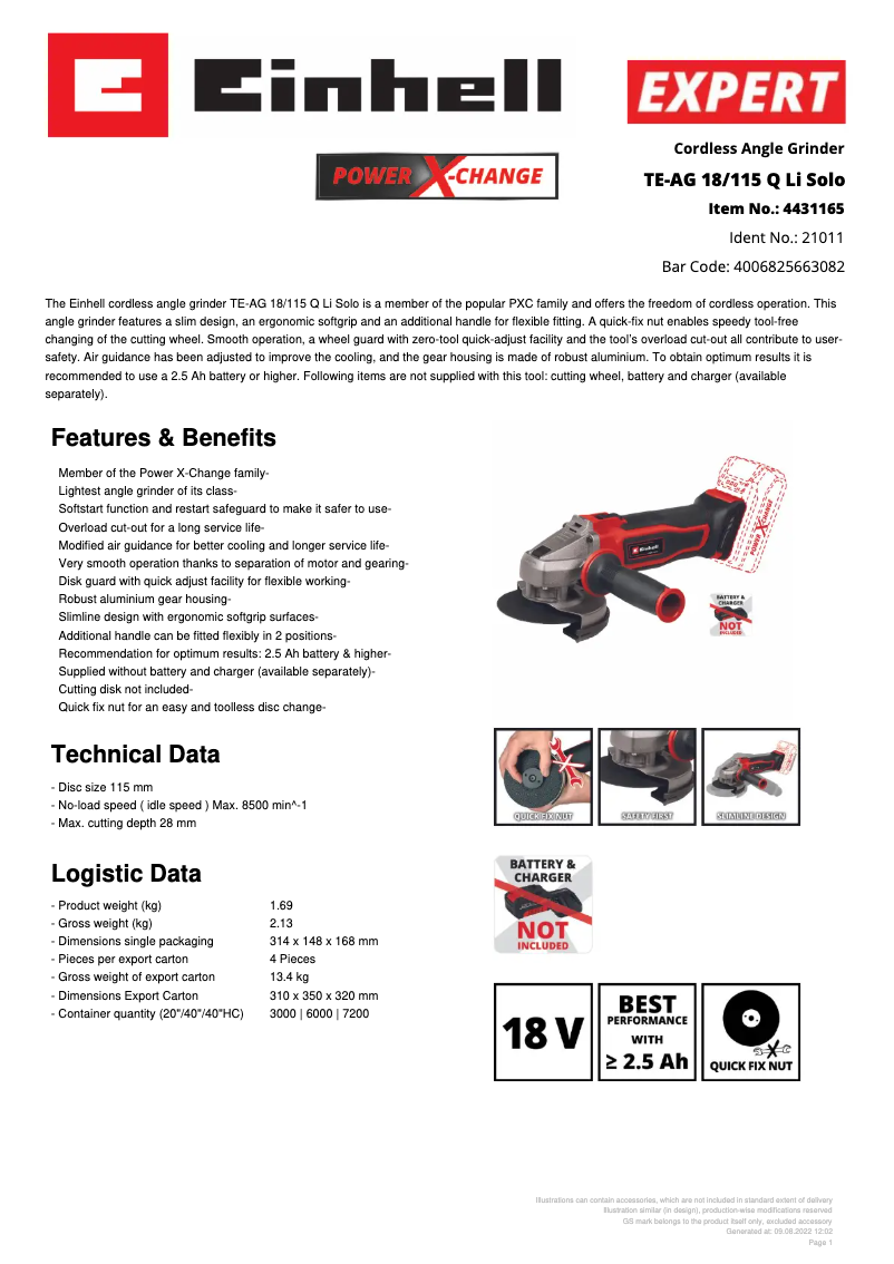 Page 1 de la notice Fiche technique Einhell TE-AG 18/115 Q Li