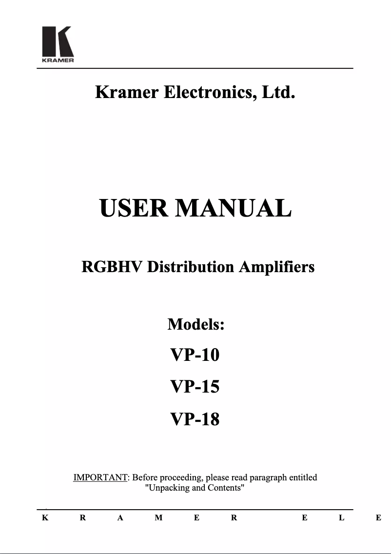 Page 1 de la notice Manuel utilisateur Kramer VP-18