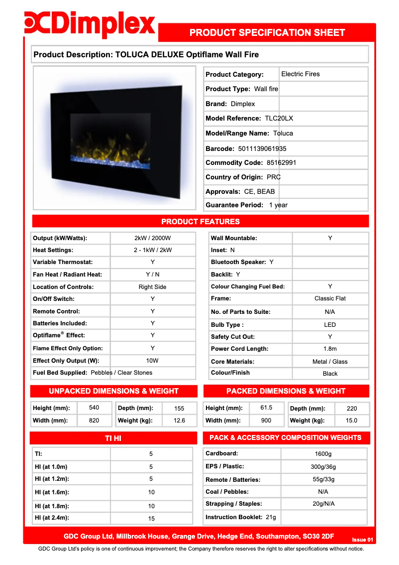 Page 1 de la notice Fiche technique Dimplex Toluca Deluxe