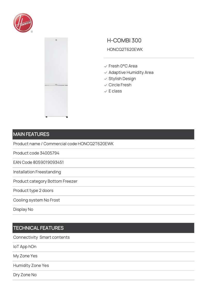 Page n°1 - Fiche technique Hoover HONCQ2T620EWK