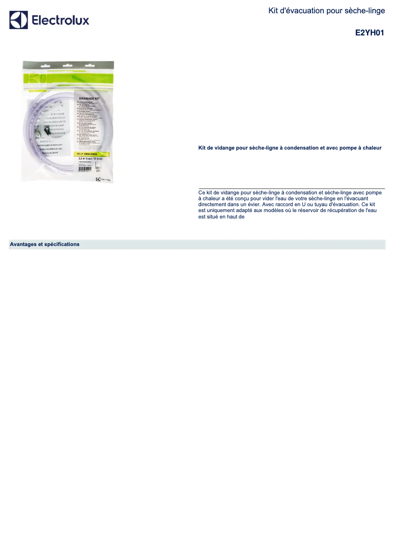 Page 1 de la notice Fiche technique Electrolux E2YH01