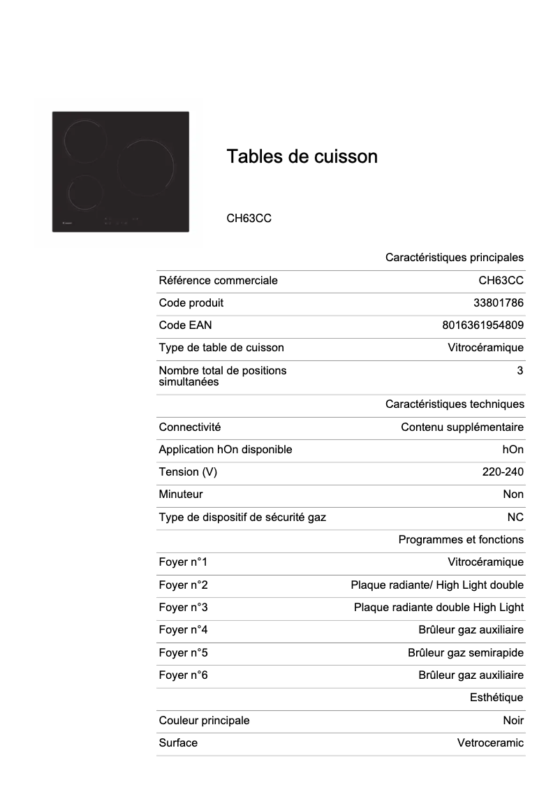 Page 1 de la notice Fiche technique Candy CH63CC