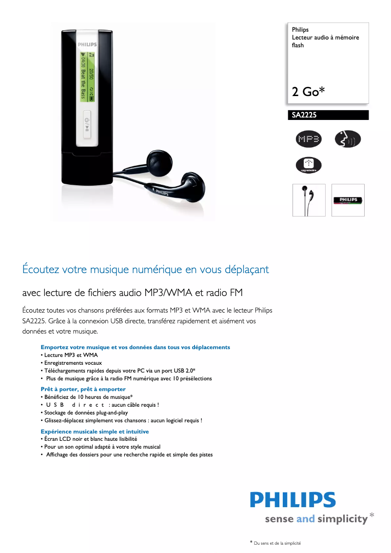 Page 1 de la notice Fiche technique Philips GoGear SA2225