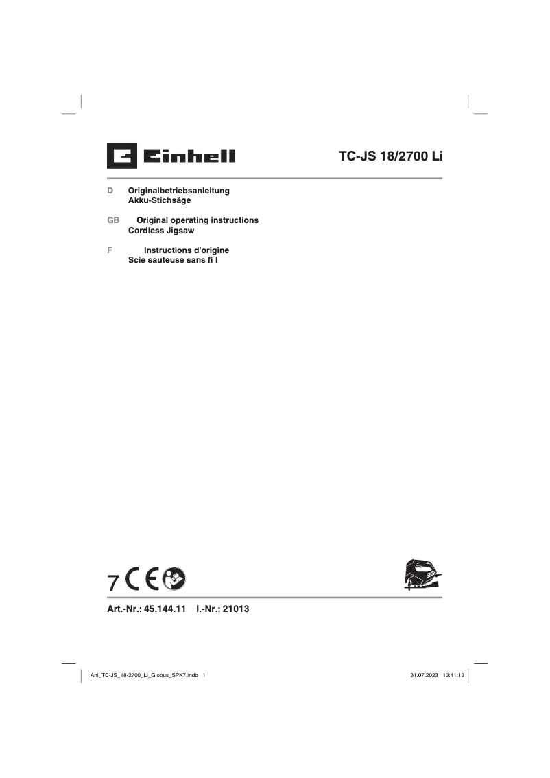 Page 1 de la notice Manuel utilisateur Einhell TC-JS 18/2700 Li