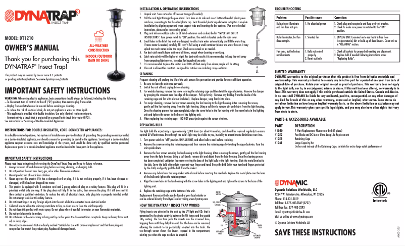 Page n°1 - Manuel utilisateur Dynatrap DT1210