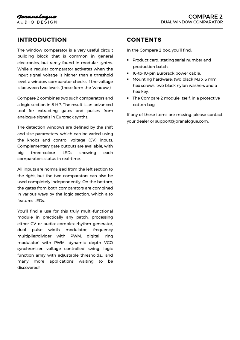 Page 1 de la notice Manuel utilisateur Joranalogue Compare 2