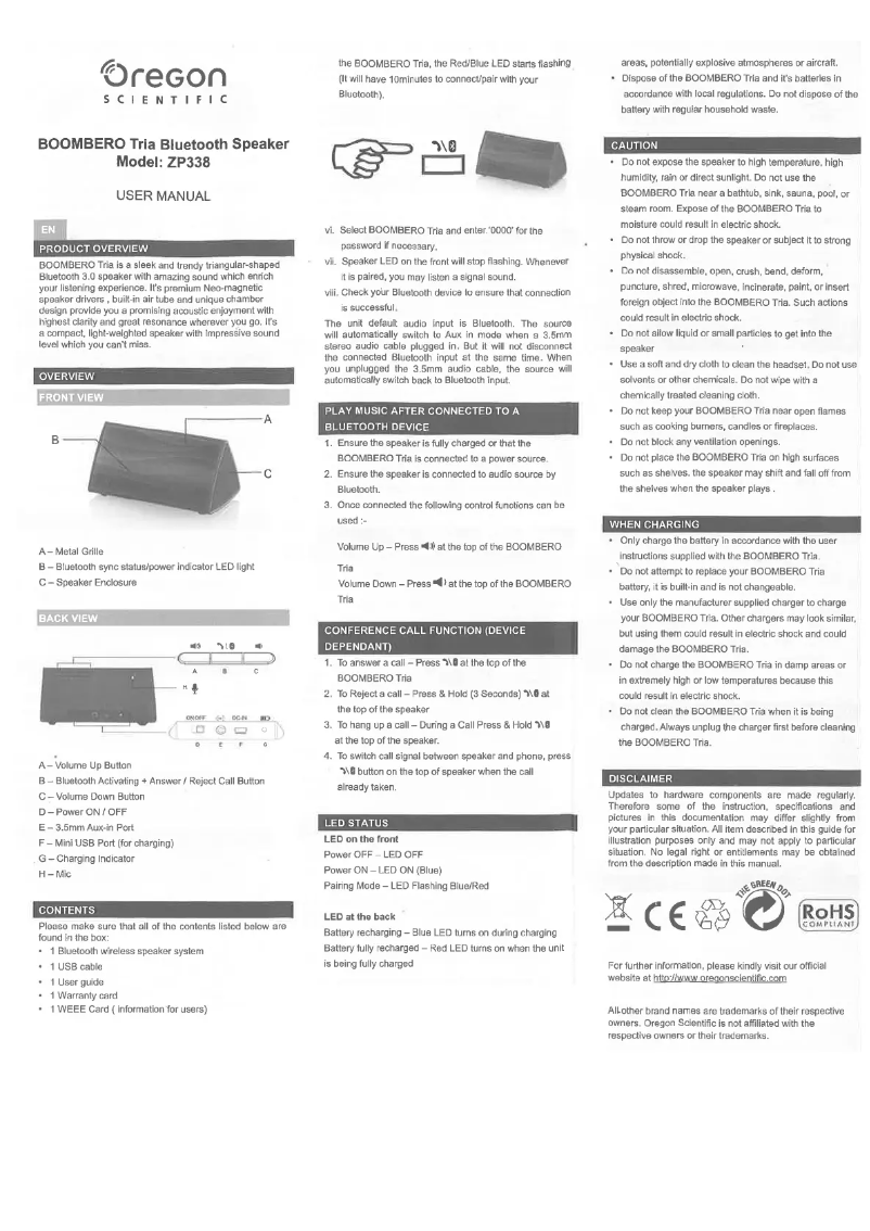 Page 1 de la notice Manuel utilisateur Oregon Scientific Boombero ZP338
