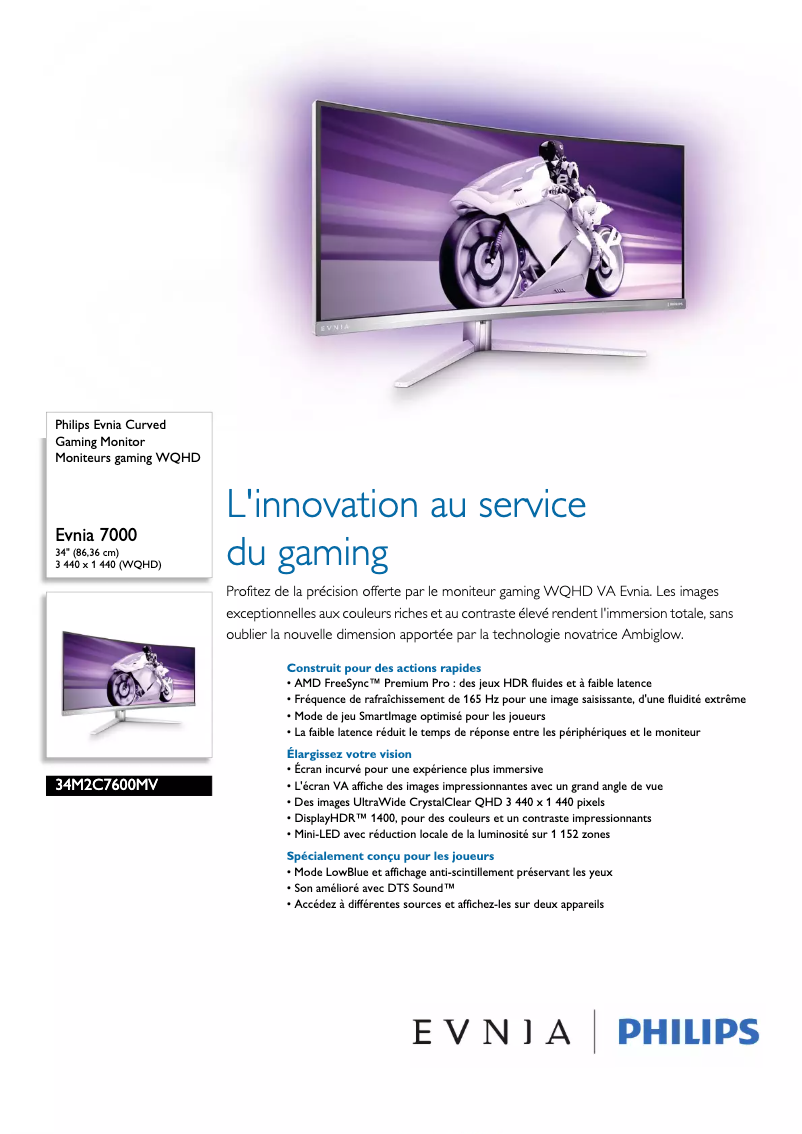 Page 1 de la notice Fiche technique Philips Evnia 34M2C7600MV