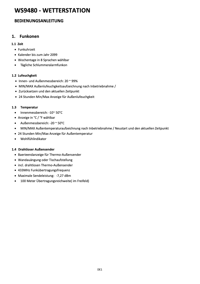 Page n°1 - Manuel utilisateur Techno Line WS 9480
