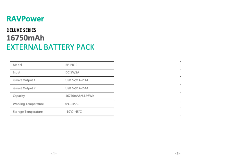 Page 1 de la notice Manuel utilisateur RAVPower RP-PB19-WH