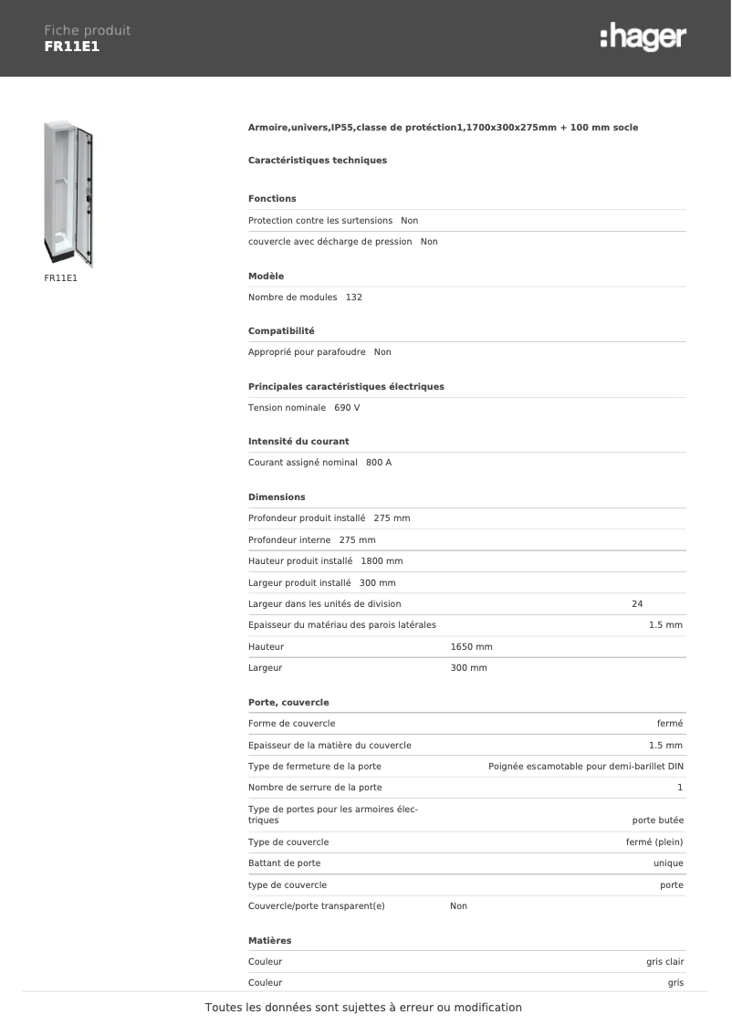 Page 1 de la notice Fiche technique Hager FR11E1