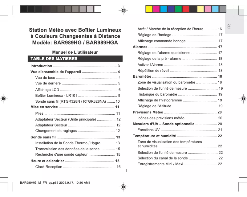 Page 1 de la notice Manuel utilisateur Oregon Scientific BAR989HGA