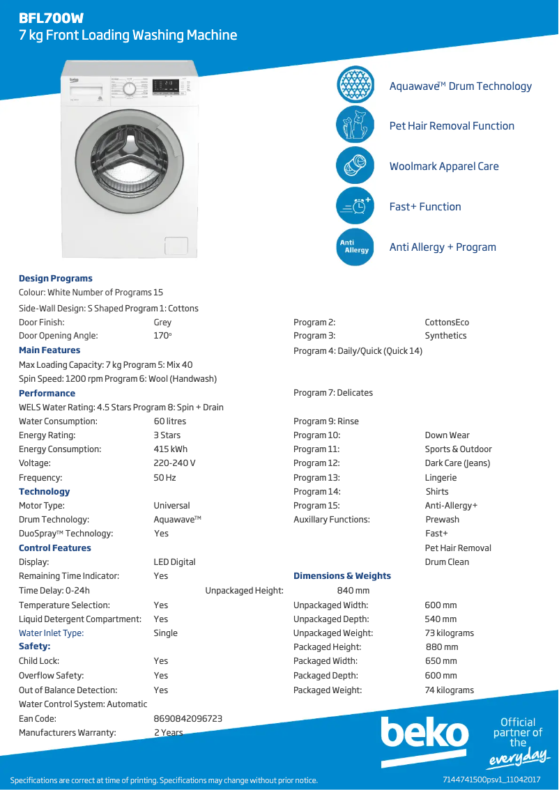 Page 1 de la notice Fiche technique Beko BFL 700 W