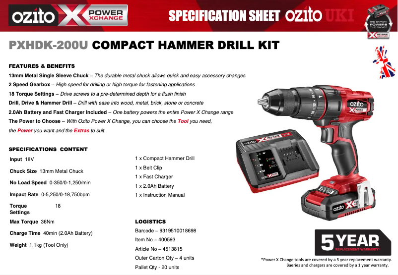 Page 1 de la notice Fiche technique Ozito PXHDK-200U