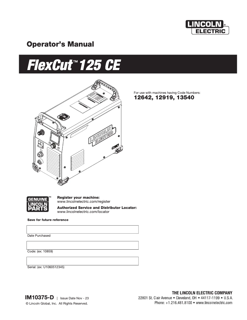 Página 1 del manual Manual de usuario Lincoln Electric FlexCut 125 CE