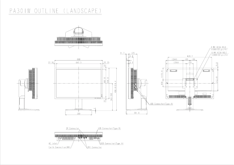 Page 1 de la notice Dessin technique NEC MultiSync PA301W