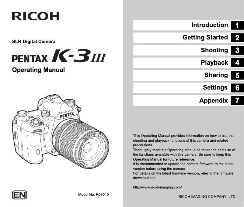 Image de la première page du manuel de l'appareil K-3 Mark III