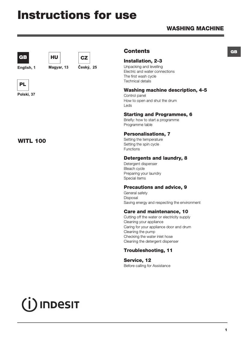 Página 1 del manual Manual de usuario Indesit WITL 100 (EU)