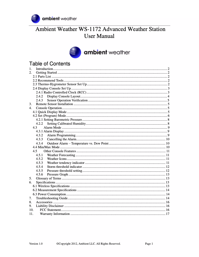 Page n°1 - Manuel utilisateur Ambient Weather WS-1172